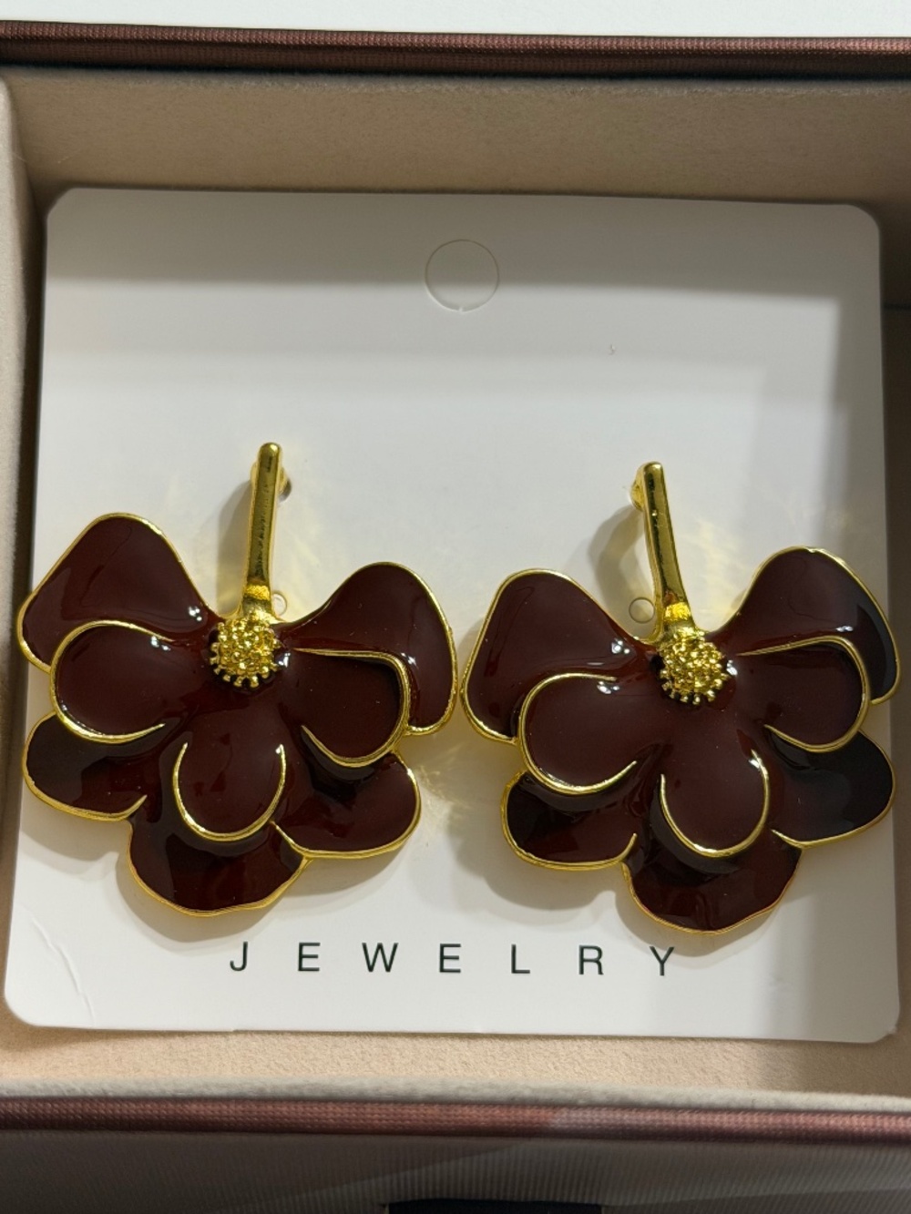 Golden Burgundy Double Layer Flower Petal Exaggerated Earrings - Electroplated